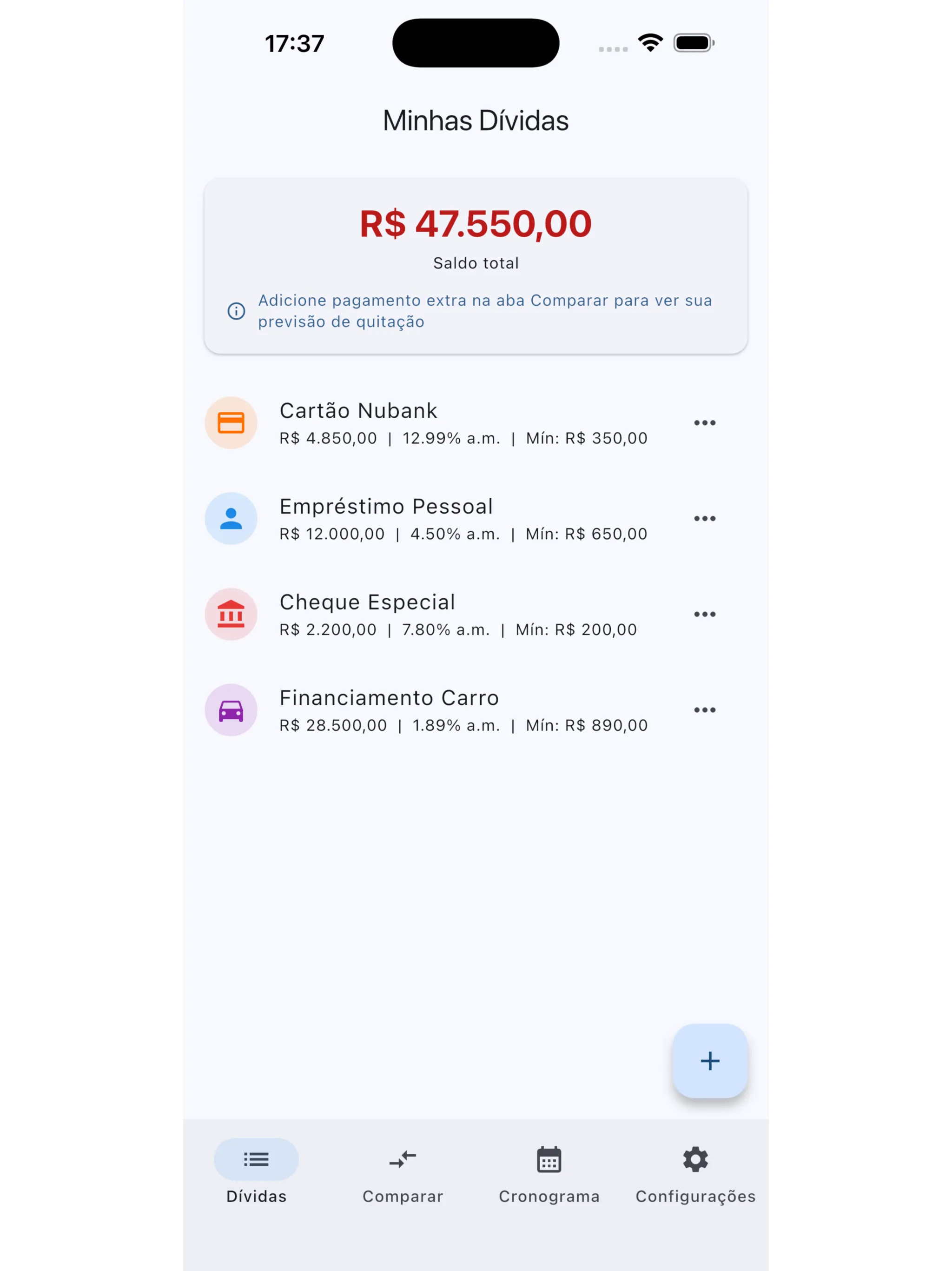 Painel de dívidas do Quita com progresso de quitação